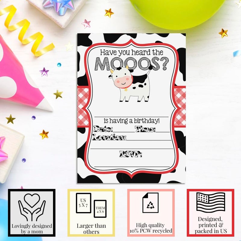Amanda Creation Heard the Moos Red Cow-Themed Birthday Party Invitations for Kids, 20 5x7 Fill In Cards with Twenty White Envelopes by AmandaCreation - Image 3